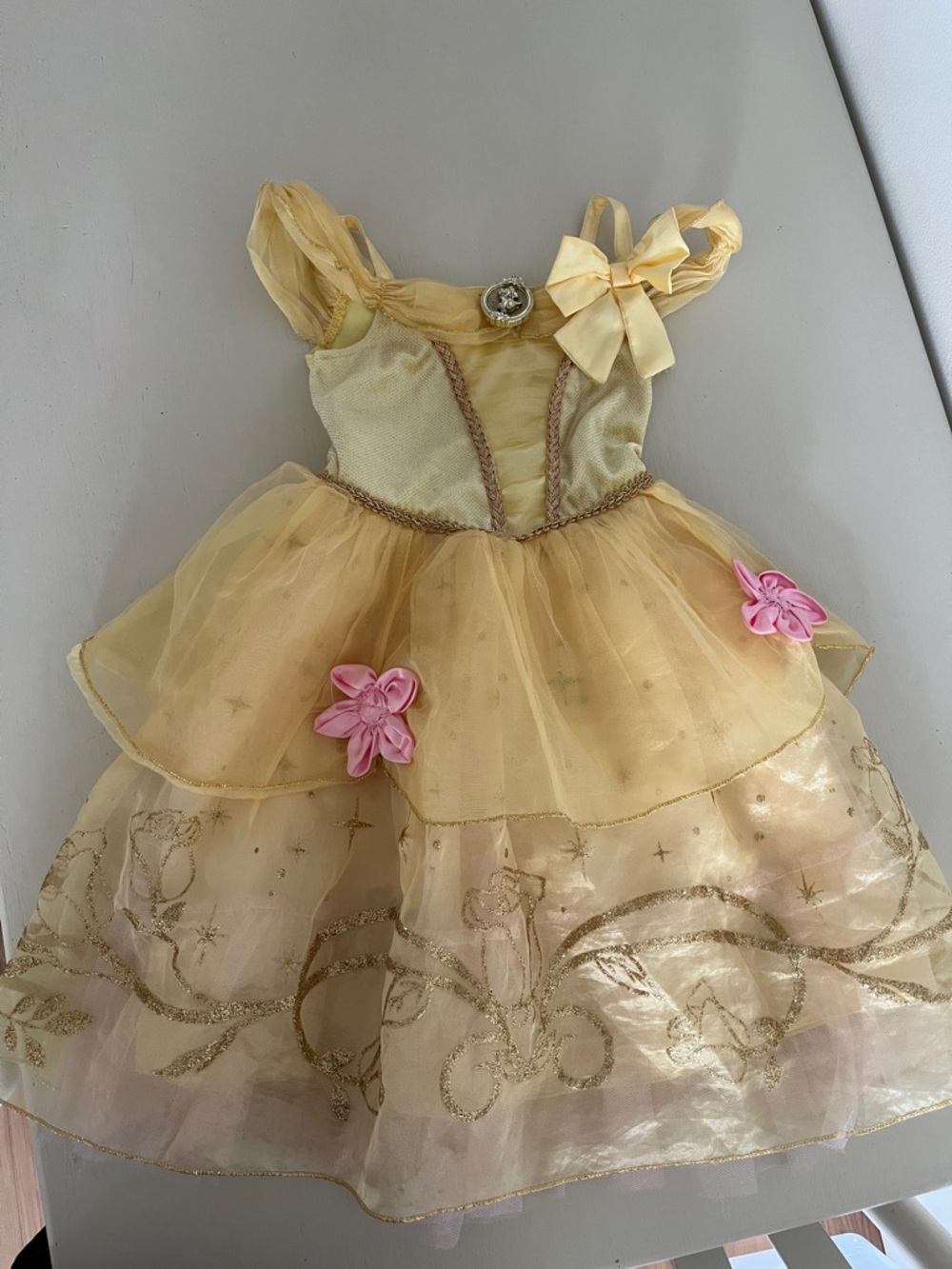 Disney Gold Yellow Princess Costume Dress with Pink Flower Accents